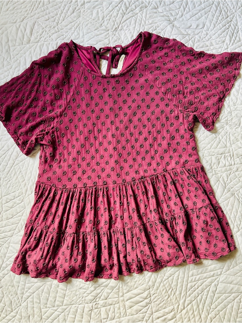 Altar’d State Burgundy Embroidered Peplum Blouse With Tie Back
